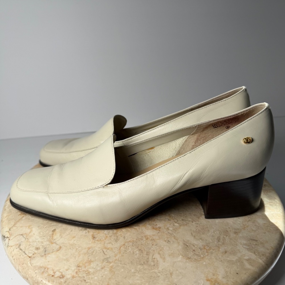 Vintage Etienne Aigner Painter Loafer Heel 7.5M Cream Leather Square Toe Block